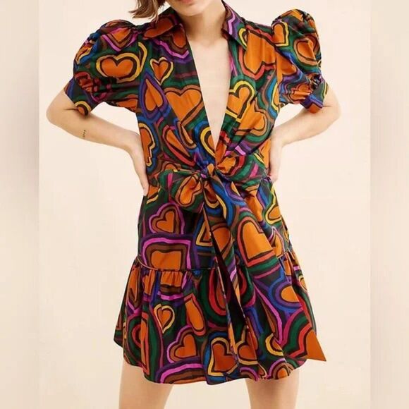 Anthropologie FARM Rio puff sleeve bow front colorful Heart Print Mini Dress M - Picture 8 of 8